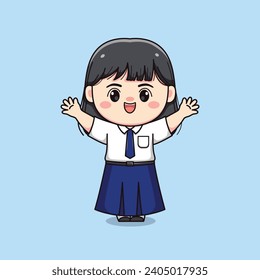 cute junior high school student girl hands up chibi kawaii