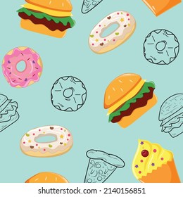 cute junk food bakery cartoon seamless pattern