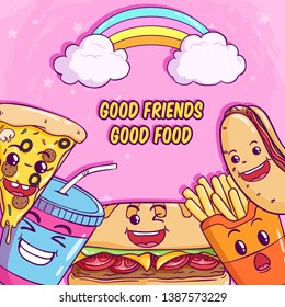 Cute junk food with funny face on colorful background