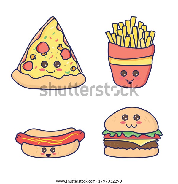 Cute Junkfood Fastfood Cartoon Set Vector Stock Vector (Royalty Free ...