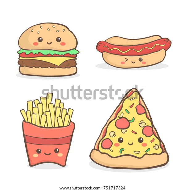 かわいいjunkfood Fastfoodの漫画セットベクターイラスト漫画 ピザ ハンバーガー ハンバーガー フライドポテト ホットドッグ のベクター画像素材 ロイヤリティフリー 751717324