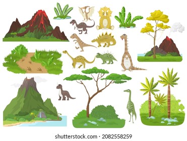 Cute jurassic dino cartoon character set, prehistoric nature, volcanoes, flat vector isolated illustration. Dinosaur era.