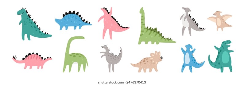 Cute Jurassic dinosaur set. Vector illustration of Stegosaurus, Brontosaurus, Velociraptor, Triceratops, Tyrannosaurus rex and Pterosaurs.