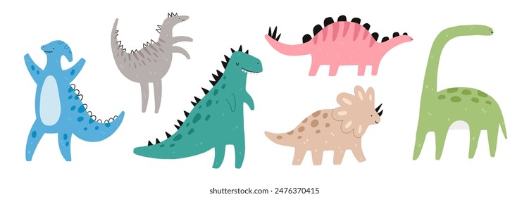 Cute Jurassic dinosaur set. Vector illustration of Stegosaurus, Brontosaurus, Velociraptor, Triceratops, Tyrannosaurus rex and Pterosaurs.