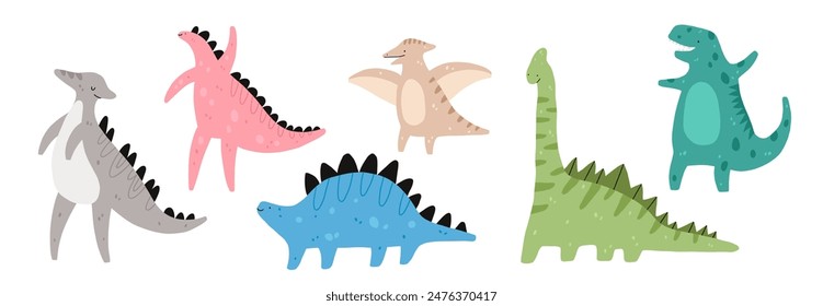 Cute Jurassic dinosaur set. Vector illustration of Stegosaurus, Brontosaurus, Velociraptor, Triceratops, Tyrannosaurus rex and Pterosaurs.