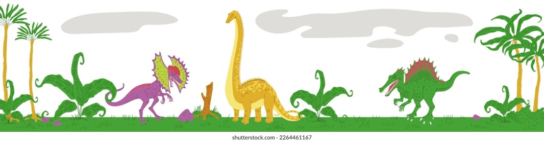 Cute Jurassic epoch landscape with various dinosaurs walking, flat vector illustration. Exotic plants and trees. Tyrannosaurus, diplodocus and dilophosaurus - great for kids design.