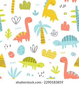 Cute jurassic pattern with dino and plants. Seamless colorful vector print with abstract dinosaurs for baby textile.