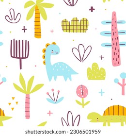 Cute jurassic pattern with dino and plants. Seamless scandinavian vector print with abstract dinosaurs for baby textile.