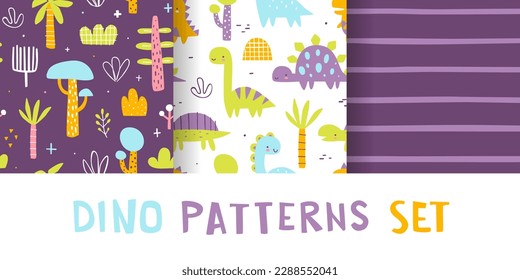 Cute jurassic pattern set with dino and plants. Seamless colorful vector print collection with abstract dinosaurs for baby textile and fabric.