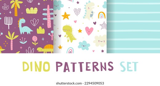 Cute jurassic pattern set with dino and plants. Seamless vector print collection with abstract dinosaurs for baby textile.	