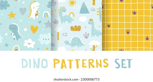 Cute jurassic pattern set with dino. Seamless scandinavian vector print collection with abstract dinosaurs for baby textile and fabric.