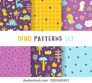 Cute jurassic pattern set with dino. Seamless vector colorful print collection with abstract dinosaurs for baby textile and fabric.