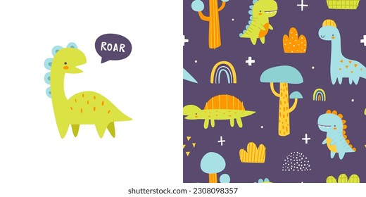 Cute jurassic pattern set with dino and plants. Seamless vector print collection with abstract dinosaurs for baby textile and fabric.