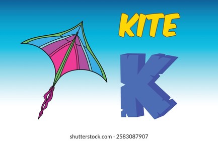 Cute K for Kite vector illustration for ABC learning, preschool worksheets, and educational games. Perfect for spelling, vocabulary, and coloring pages to make learning fun for kids!