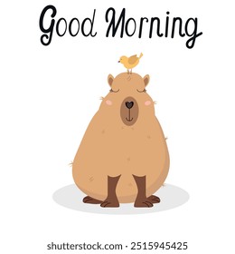 Cute kabibara with good morning wishes.Sleep with vector icon illustration. Animal icon concept isolated.