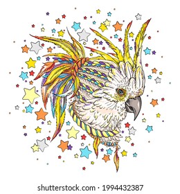 Cute kakadu parrot on a background of stars. Image for printing on any surface