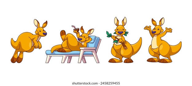 Cute kangaroo animals set isolated on white background. Vector cartoon illustration of funny australian animal jumping, lying on chaise lounge with coconut cocktail, eating leaves, waving hands, zoo