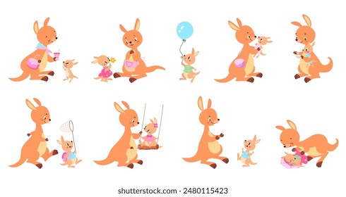 Cute kangaroo. Baby kangaroo activities. Australian animals mother and children. Parenthood and maternity, child learning and play nowaday vector set