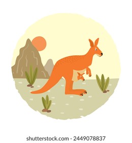 Cute kangaroo with baby and Australian landscape. Vector illustration