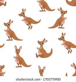 Cute kangaroo and baby, joey seamless pattern. Australia animal cartoon character background. -Vector