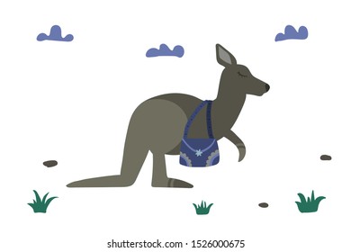 Cute kangaroo with bag. Cloud in night sky. Sweet dreams. Vector illustration. Australian animal.