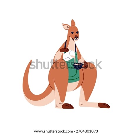 Cute kangaroo barista is making coffee. Australian animal in apron pours milk into cup of cofee, does latte art. Wallaby is cooking drink. Flat isolated vector illustration on white background