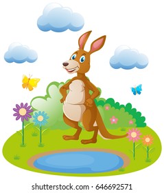 Cute kangaroo by the pond illustration