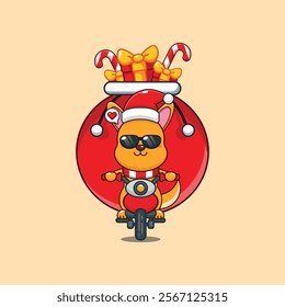 Cute kangaroo carrying bag of presents with motorcycle in Christmas day. 
Cartoon vector illustration in Christmas day.