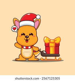 Cute kangaroo carrying christmas gift box cartoon vector illustration. 
Cartoon vector illustration in Christmas day.