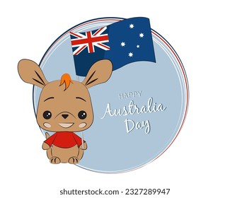 Cute Kangaroo cartoon character holds the flag of Australia on a blue background. Happy Australia Day celebration poster