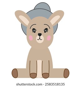 Cute kangaroo cartoon with a gray hat. Vector illustration.