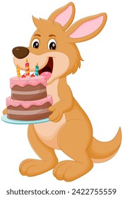 Cute Kangaroo Cartoon Holding Birthday Cake Vector Illustration. Animal Nature Icon Concept Isolated Premium Vector