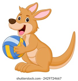 Caricatura canguro lindo sosteniendo la ilustración vectorial de voleibol. Icono de la naturaleza animal Concepto Vector Premium aislado