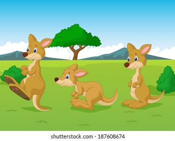 Cute kangaroo cartoon playing in the grassland