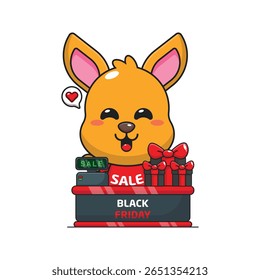 bonito canguru com mesa de caixa em preto sexta venda desenho animado vetor ilustração