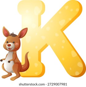Nettes Känguru-Zeichen neben fett gelbem Buchstaben K, verspielter Vektorcartoon-Stil, weißer Hintergrund