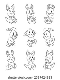 Cute kangaroo character. Coloring Page. Kawaii marsupial mammal different poses and emotions, love, joy, sadness, anger. Vector drawing. Collection of design elements.