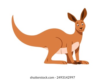 Lindo personaje canguro. Marsupial sonriente feliz de pie sobre cuatro patas. Adorable divertido animal australiano. Alegre mamífero juguetón de Australia. Ilustración vectorial plana aislada sobre fondo blanco