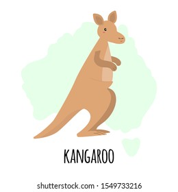 Cute kangaroo character with silhouette of Australian map isolated on white background. Vector illustration of australian animal, wild life and fauna.