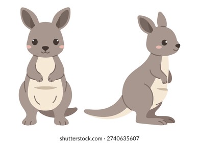 Cute kangaroo character standing and sitting in flat vector style for australian wildlife mascot