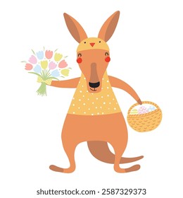 Cute kangaroo in chick hat, holding Easter eggs in basket, flowers character illustration. Hand drawn flat style design, isolated vector. Holiday clip art, kids print element, seasonal card, banner