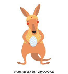 Cute kangaroo in chick hat, holding Easter egg character illustration. Hand drawn flat style design, isolated vector. Holiday clip art, kids print element, seasonal card, banner, poster