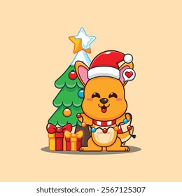 Cute kangaroo with christmas lamp cartoon vector illustration. 
Cartoon vector illustration in Christmas day.