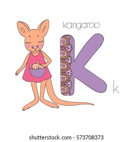 Cute kangaroo with closed eyes in pink dress. Letter K of the kids alphabet with elements zentangle, doodling style for children education. Vector illustration on white background