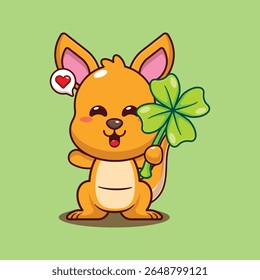 Canguru bonito com ilustração de vetor de desenho animado de folha de trevo