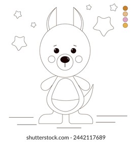 Lindo canguro para colorear en estilo de dibujos animados, con estrellas simetría, vector, líneas con muestras de color para sombreado