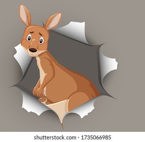 Cute kangaroo coming out of cracked wall illustration