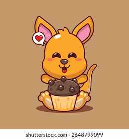 Canguru bonito com ilustração de vetor de desenho animado de bolo de xícara