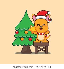 Cute kangaroo decorating the Christmas tree on Christmas day. 
Cartoon vector illustration in Christmas day.