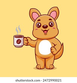 Cute kangaroo drinking coffee cartoon icon illustration. Animal drink icon concept isolated flat cartoon style